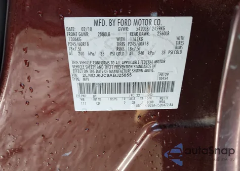 2010 Lincoln Mkx from USA, damaged, VIN 2LMDJ6JC8ABJ25855